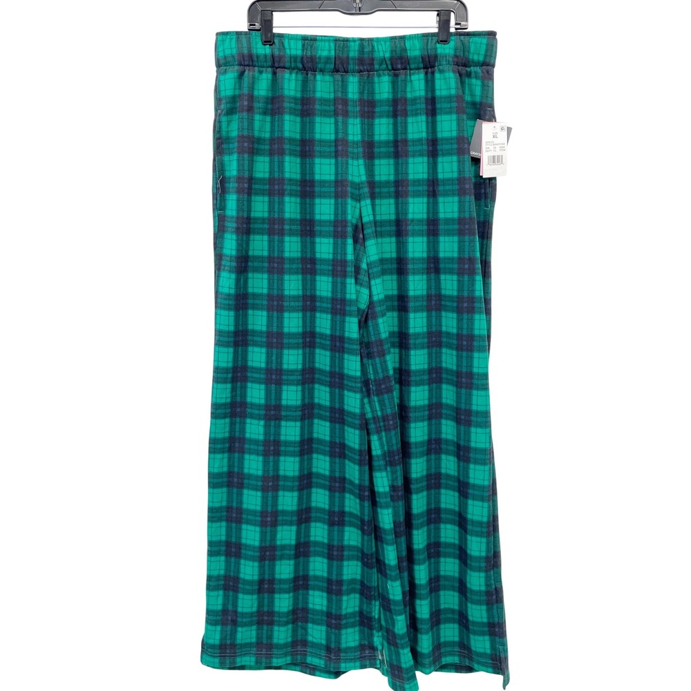Grayson/Threads Women's Green Plaid Fleece Wide Leg Pajama Pants Size XL